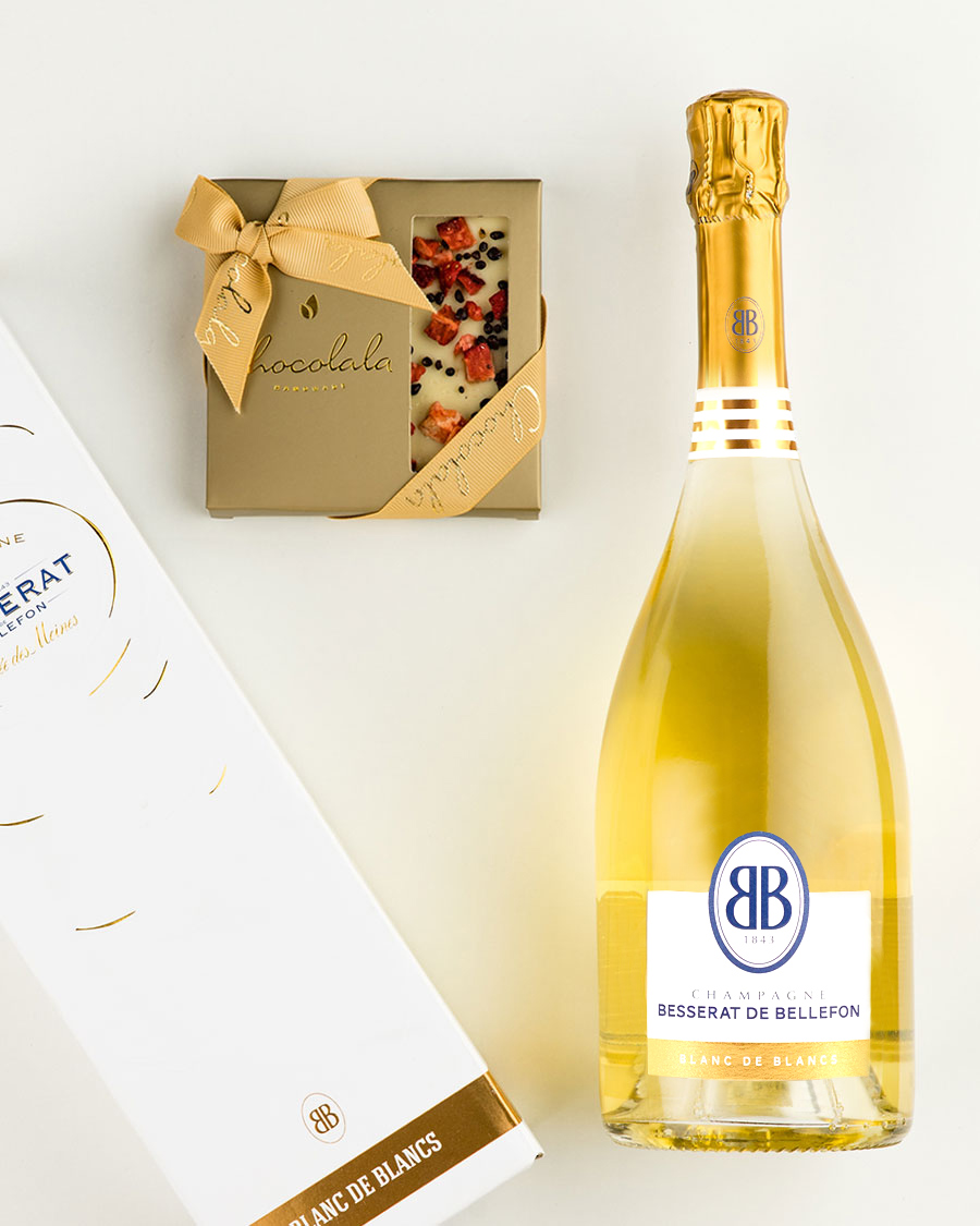 Kinkekott Besserat de Bellefon Blanc šampanja ja maasikatahvliga