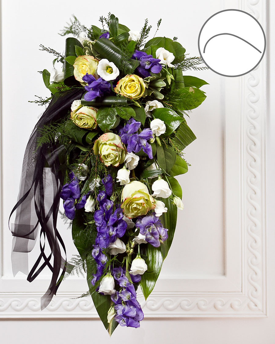 Funeral Bouquet with Blue Flowers and Ribbon
